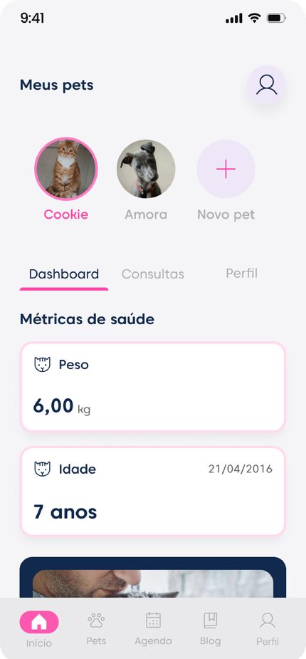 Tela do app: meus pets e métricas de saúde