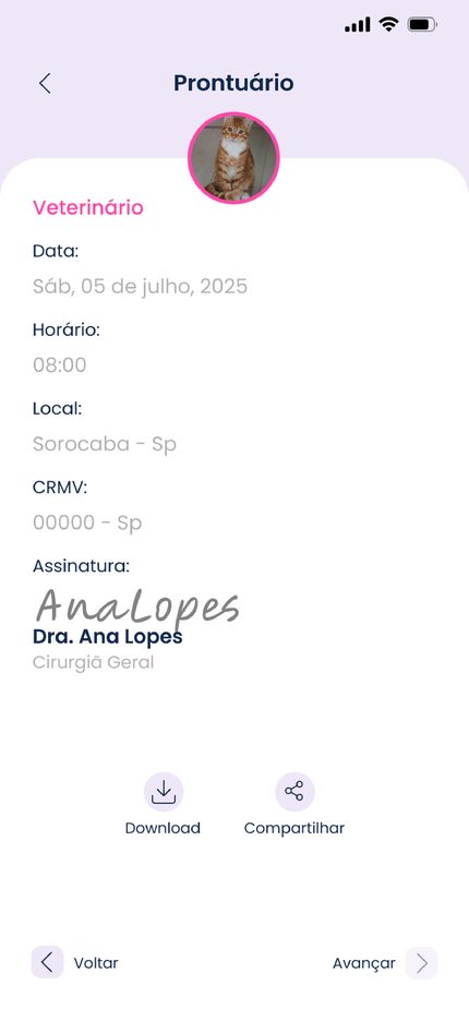 Tela do app: prontuário assinado pelo veterinário