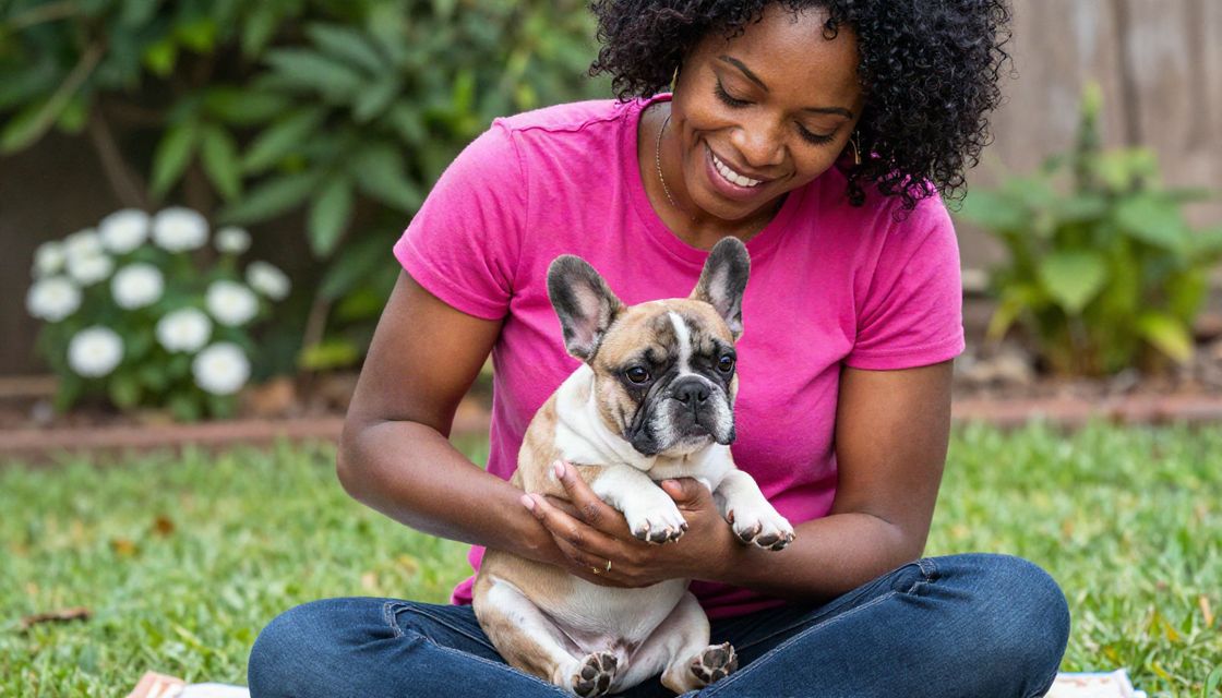 Tutora abraçando seu buldogue francês no quintal de casa
