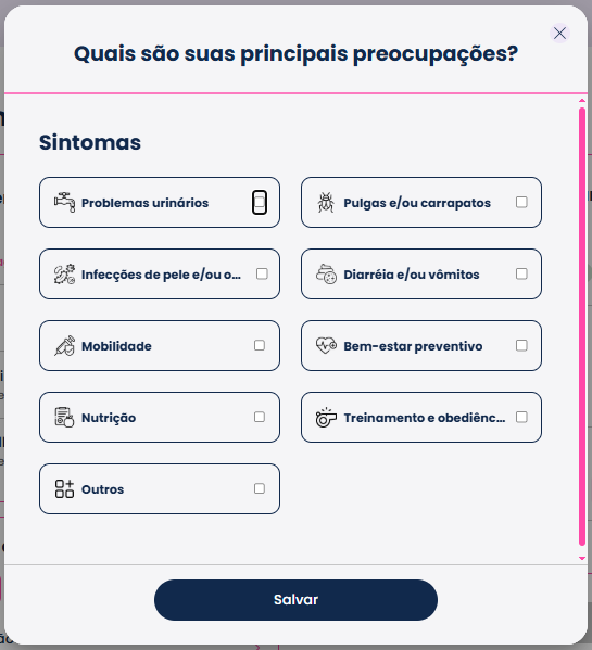 Tela do app: escolha dos sintomas do pet