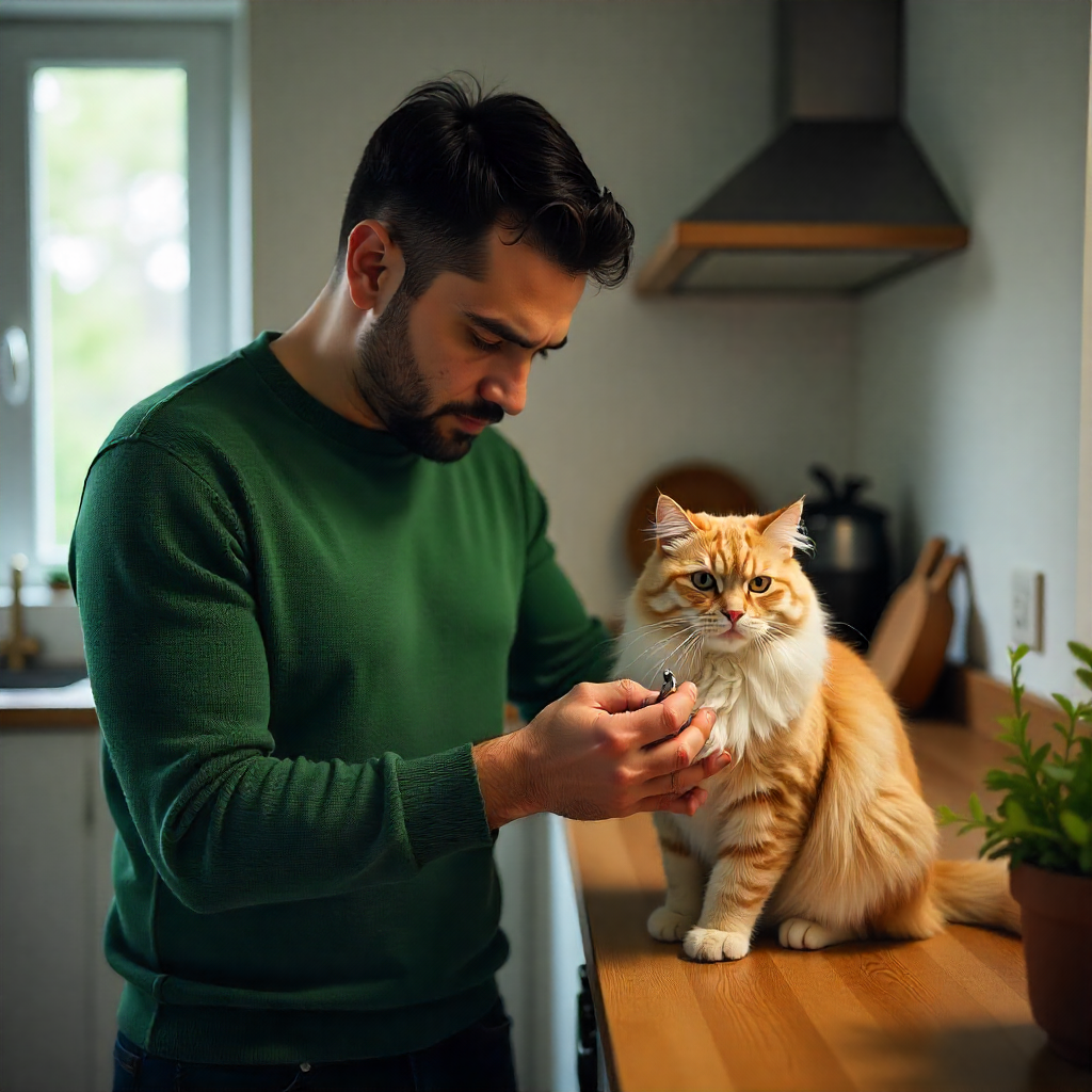 Tutor cortando as unhas de um gato com cortador específico para pets em ambiente calmo