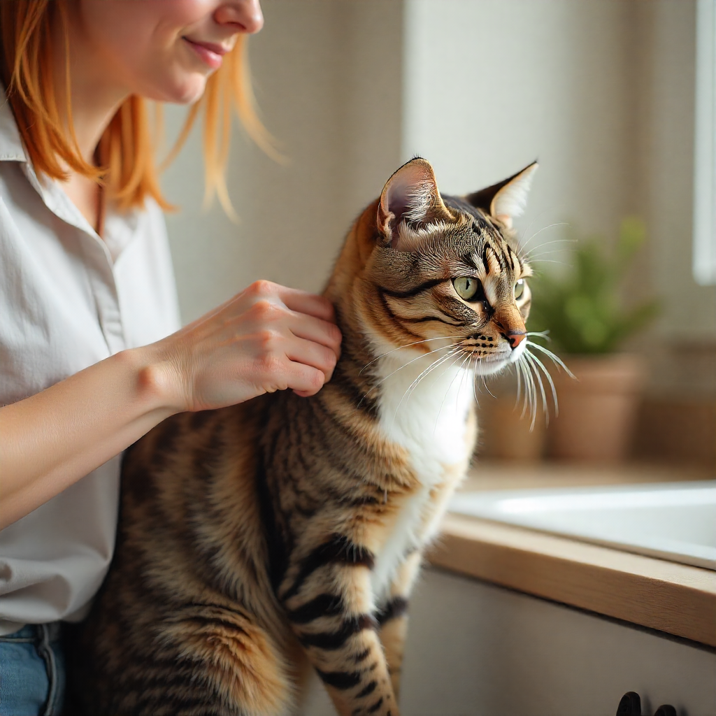 Tutor escovando o pelo de um gato para tratar caspa felina com cuidados em casa.