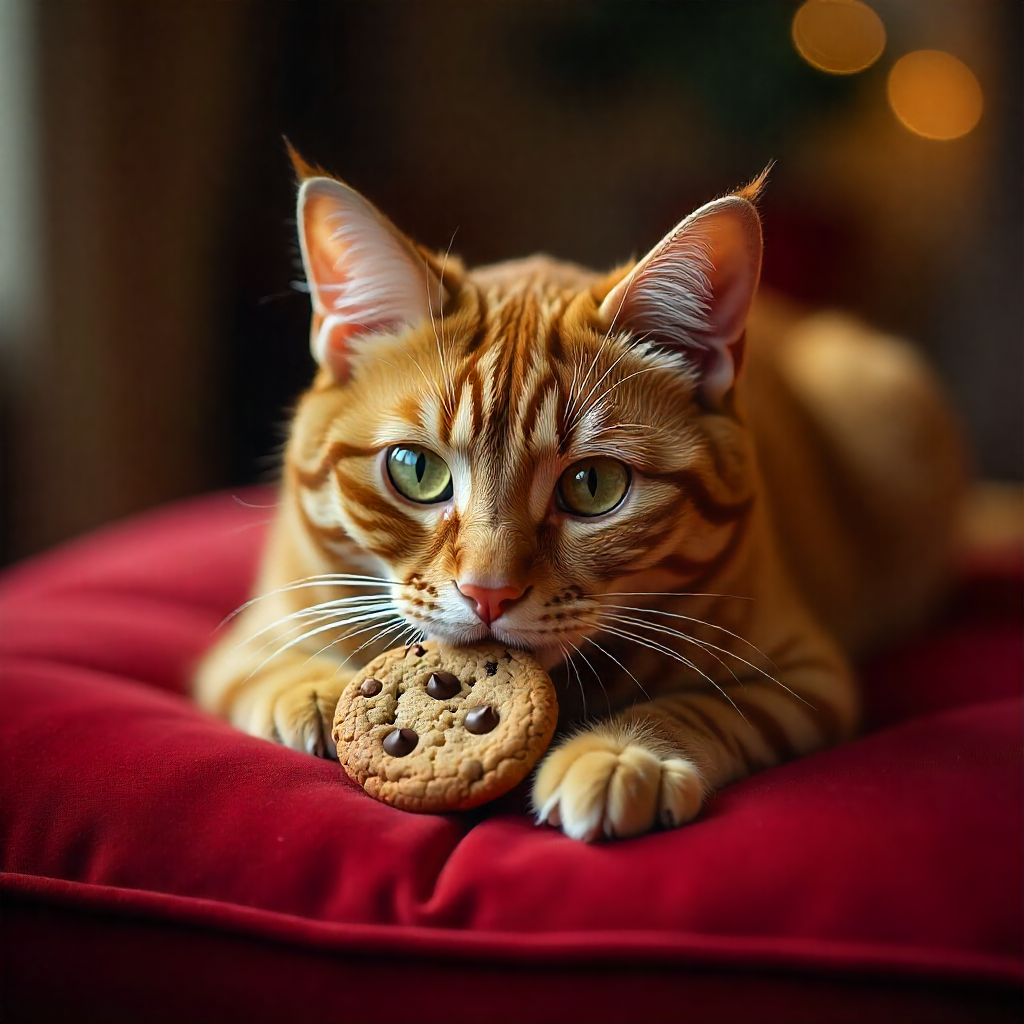 Gato curioso cheirando um pedaço de chocolate em cima da mesa, sob supervisão do tutor