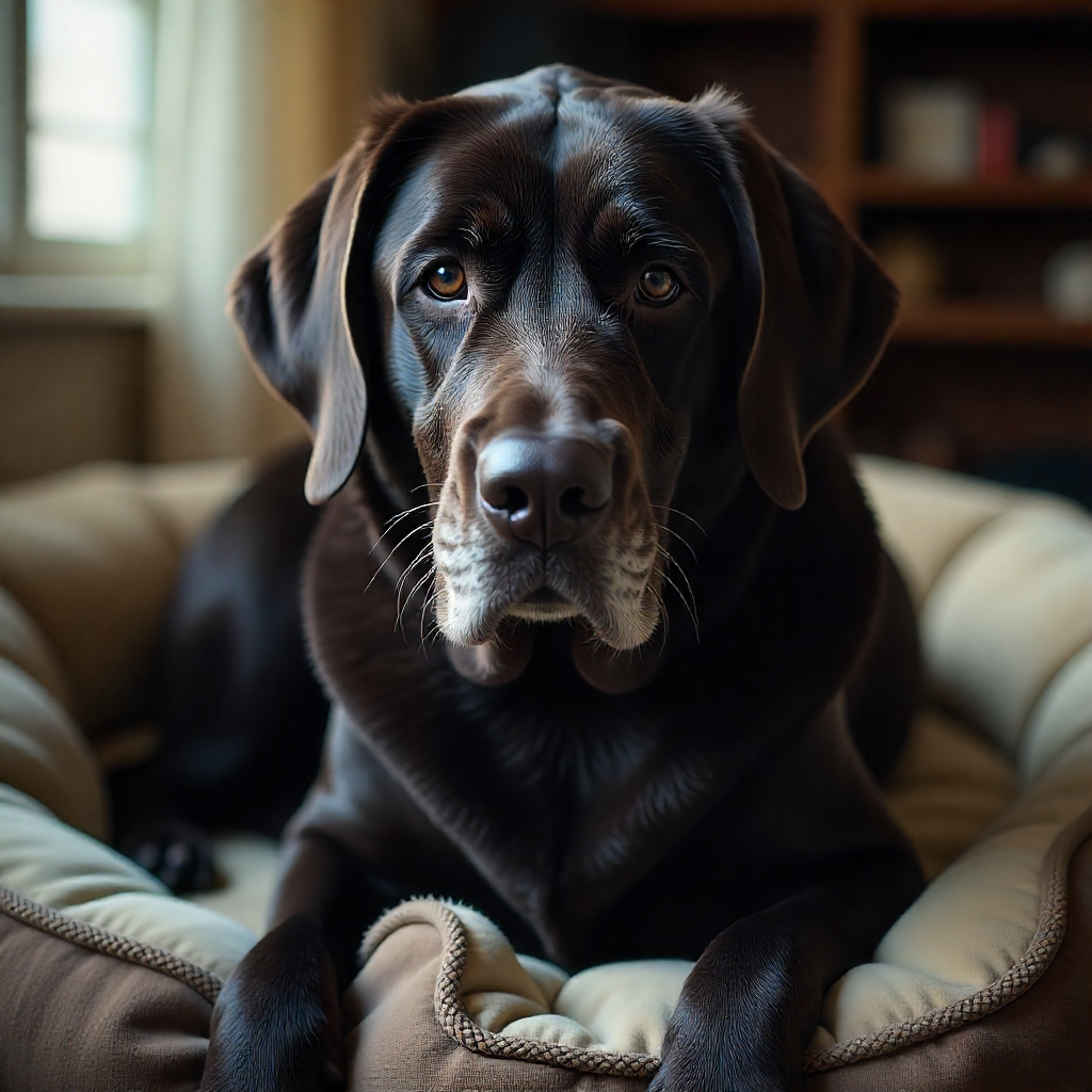 Cão idoso descansando em cama ortopédica confortável