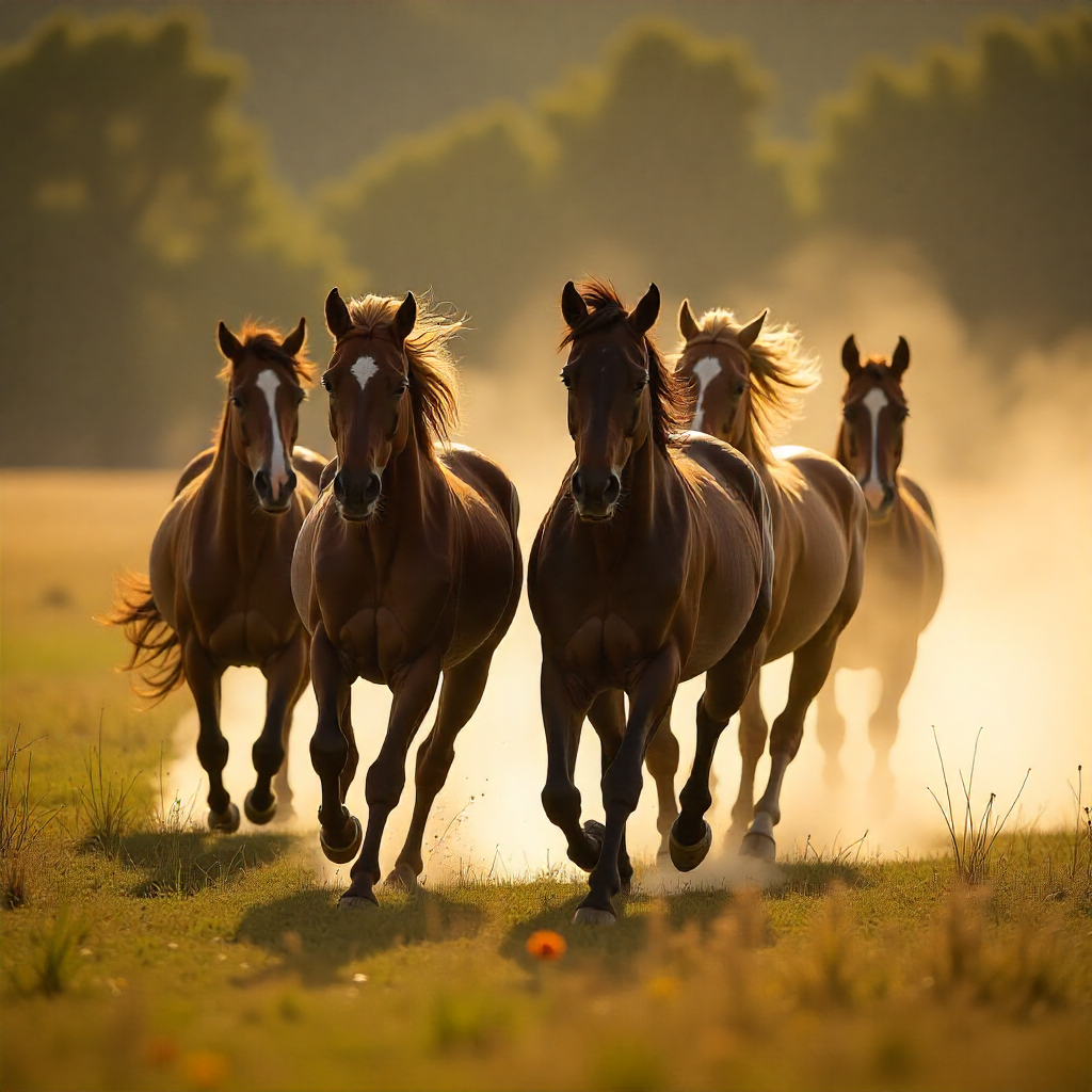 Diversas raças de cavalos em campo aberto, incluindo Mangalarga, Quarto de Milha e Andaluz